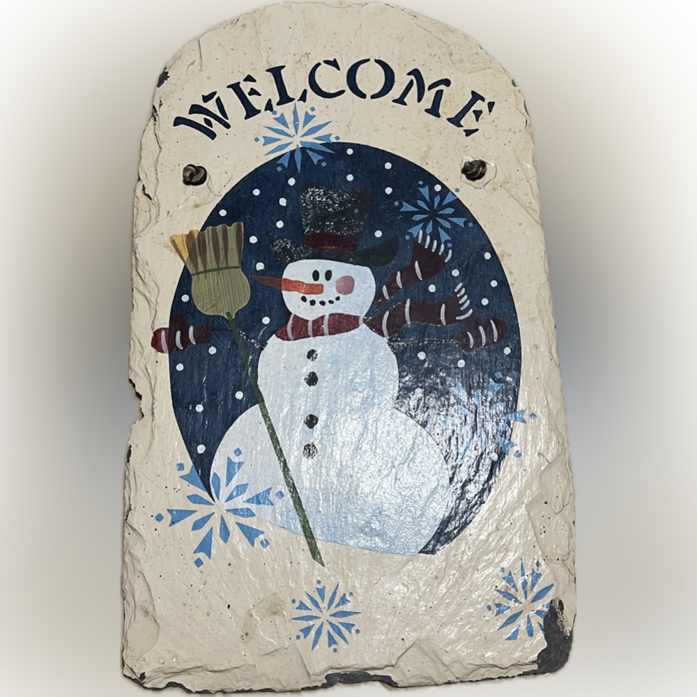 ⭐️ Vintage “Welcome” Snowman Slate Christmas Hanging Plaque Winter Holiday